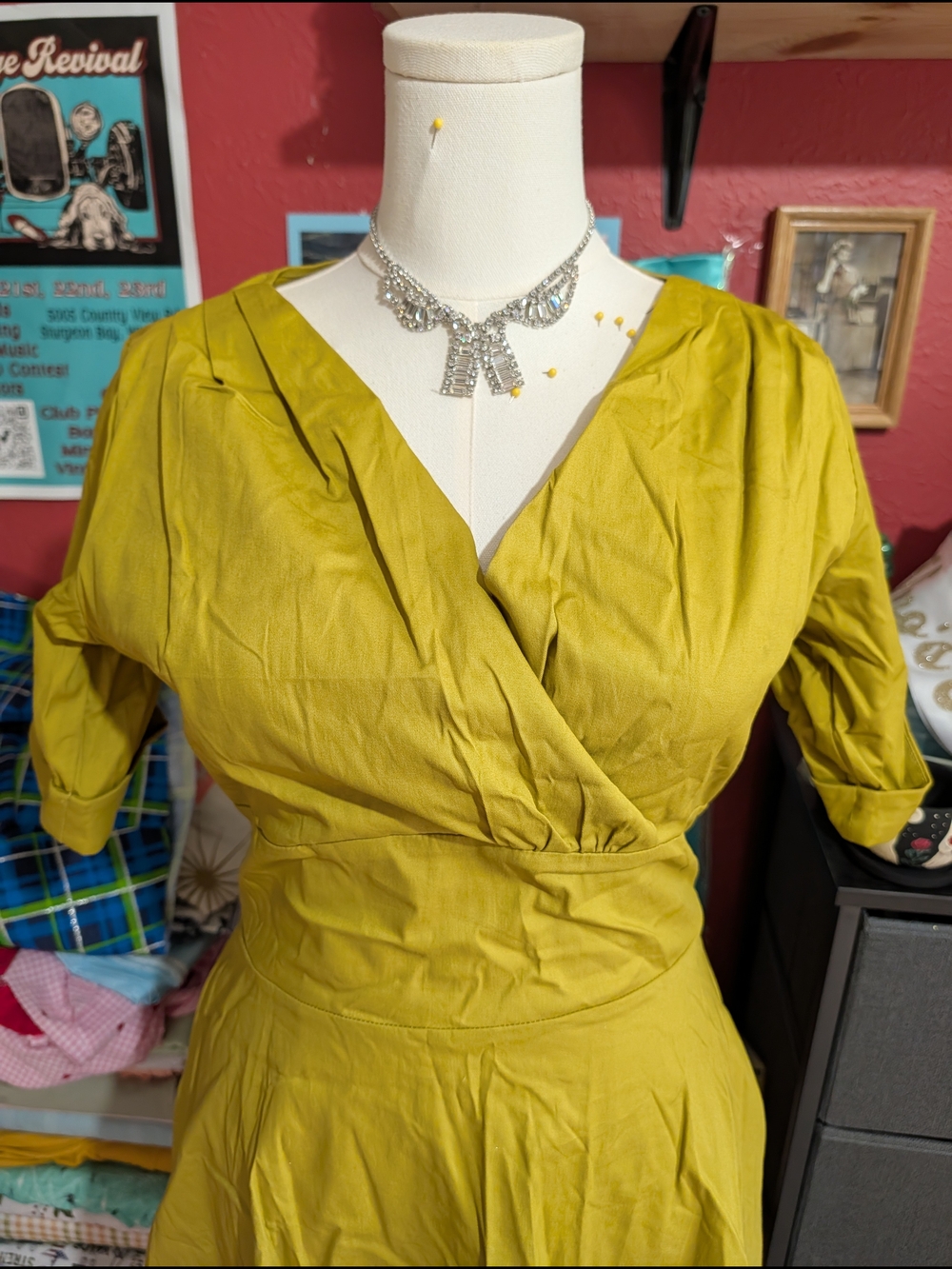 Olive Green Wrap-Style Vintage Dress